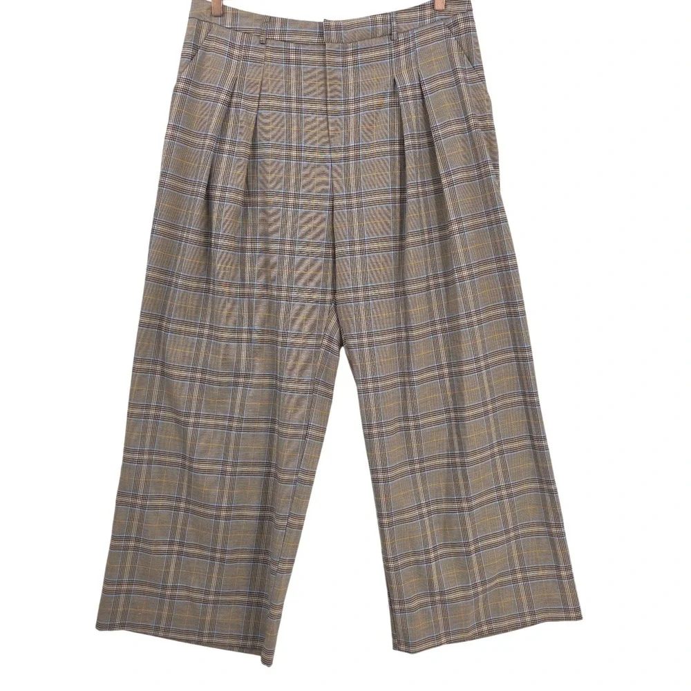 Anthropologie Maeve Womens XL Brown Plaid Pleated Wide Leg Trousers